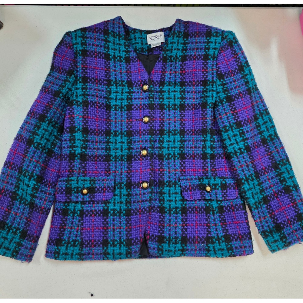 Koret Petites Vintage 90s Plaid Blazer Purple Teal Gold Button Jacket size 4